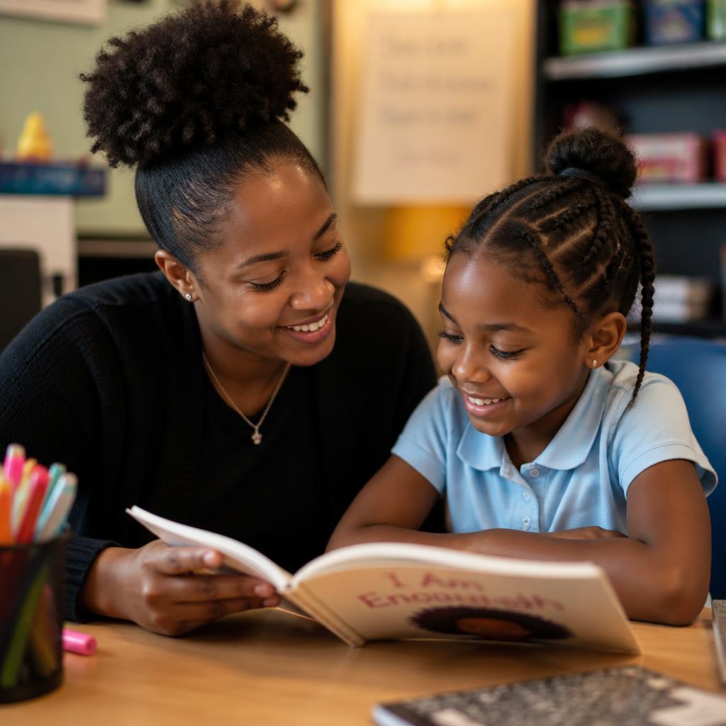 A tutor reading with a young student