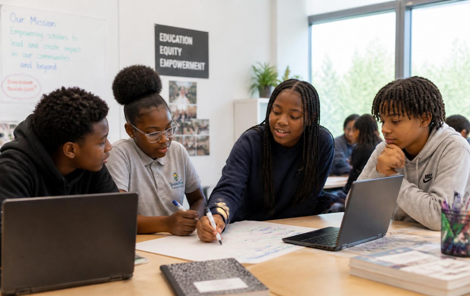Small group of students collaborating in a classroom
